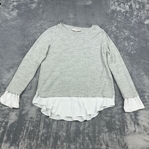 LOFT Mixed Media Top Women Sz M Gray White Layered Ruffle Long Sleeve Pullover